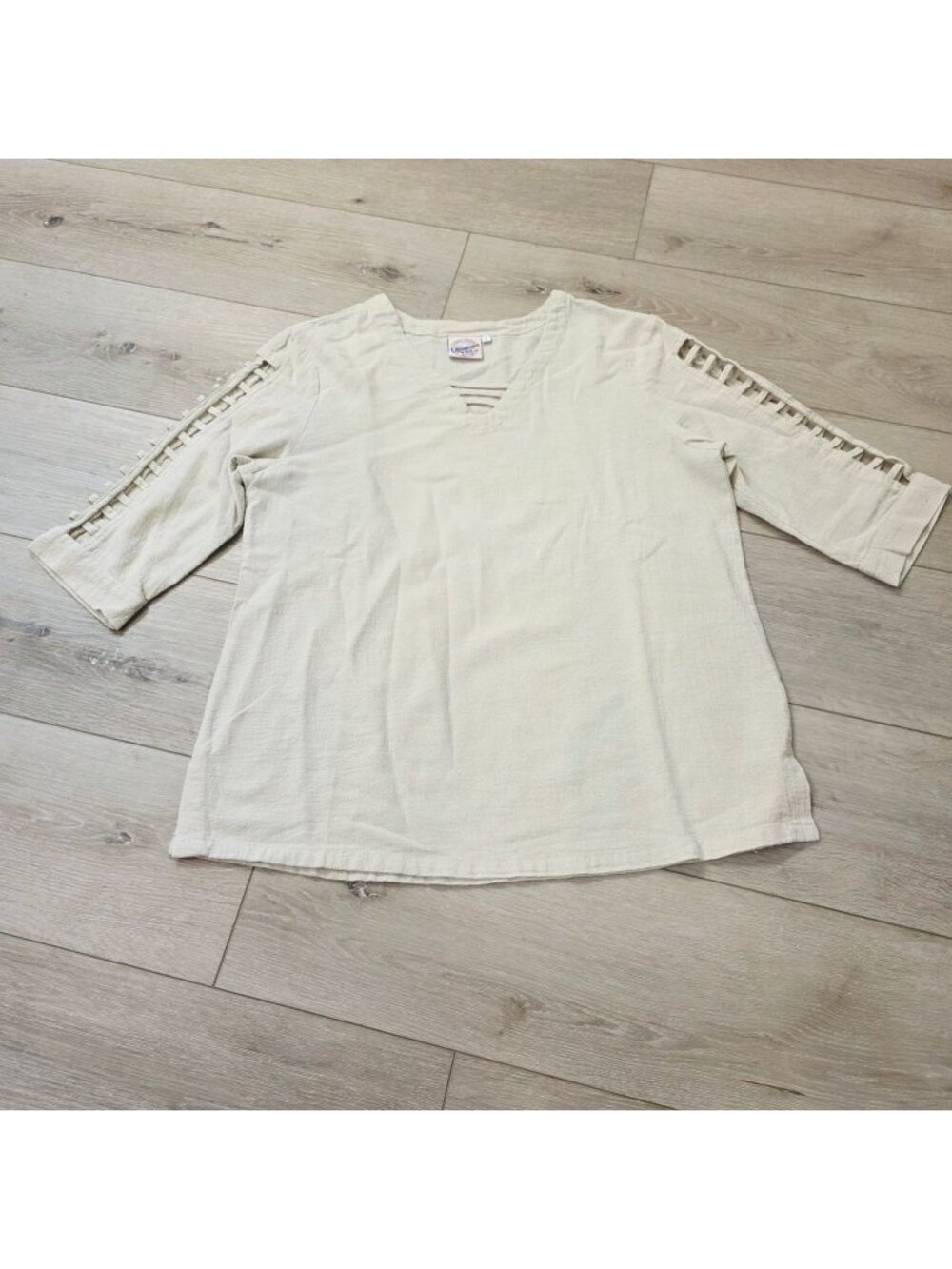 Vtg Cottonseed 3/4-length Ladder Cutout Sleeves Ivory Boho Resort Light SM Shirt